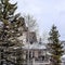 Square frame Evergreens and houses on snowy hill in Park City Utah viewed in winter