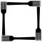 Square frame of four dinner forks on blank background. Food theme. Space for logo, menu, text, template for design.