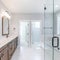 Square frame Interior of large bathroom with cohesive design and marble floor