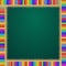 Square frame made of colorful rainbow pencils on green blackboard background