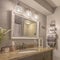 Square frame Mirror and lamps above the vanity inside a bathroom with towel rack and shelves