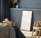 Square frame mockup in cozy dark blue bedroom interior