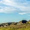 Square frame Residences on a hill with peaceful blue sky and clouds overhead on a sunny day