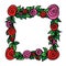 Square frame with round stylized flowers, a wreath of red rose blossom with green leaves. Simple flat illustration with stroke,