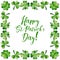 Square frame for St. Patrick`s Day Holiday card with watercolor clover on white