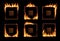 Square frames in fire, vector burning borders set