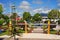 square with a garden of exotic flowers and sculptures of water fountain figures, moyobamba san martin peru -october