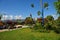 square with a garden of exotic flowers and sculptures of water fountain figures, moyobamba san martin peru -october