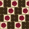 Square geometric pattern with crimson roses. gold chains, ball beads