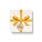 Square gift box, gold color bow knot and ribbon with circle kraft hang tag. Snowflake pattern paper.