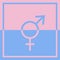 A square graphic illustration of joined blue and pink male and female symbols to show gender equality