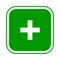 Square green plus sign icon, button. Flat add, positive symbol isolated on a white background.