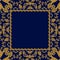 Square greeting or invitation card with space for text and ornamental yellow frame on dark blue background. Tea box template