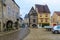 Square with half-timbered houses, in the medieval village Noyers-sur-Serein