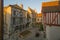 Square with half-timbered houses, in the medieval village Noyers-sur-Serein