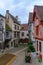 Square with half-timbered houses, in the medieval village Noyers-sur-Serein