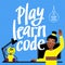 A square image of a black girl who studies robotics. A vector image for a flyer or a poster for the children coding school. Blue a