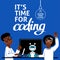A square image of a boy and a girl who study robotics. A vector image for a flyer or a poster for the children coding school. Blue