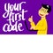 A square image of the boy who is coding. A vector image for a flyer or a poster for the chidren coding school. Your first