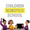 A square image of a group of teens who study robotics. A vector image for a flyer or a poster for the children coding school. Blue