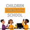 A square image of teens who study robotics. A vector image for a flyer or a poster for the children coding school. Orange and whit