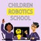 A square image of teens who study robotics. A vector image for a flyer or a poster for the children coding school. Purple and yell