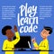 A square image of the two boys who study coding. A vector image for a flyer or a poster for the children coding school. Blue and y