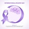 Square International Epilepsy Day background with a purple ribbon and cutting paper face