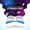 Square International Literacy Day background with open books and outer space