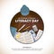 Square International Literacy Day background with open books and stationery