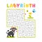 Square labyrinth with gray cartoon bull and flower on white background. Children maze. Game for kids. Children puzzle. Help the