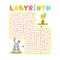 Square labyrinth with gray cartoon rabbit, bunny and carrot on white background. Children maze. Game for kids. Children puzzle.