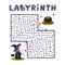 Square labyrinth with witch and cauldron on white background. Children maze. Game for kids. Children puzzle for halloween. Help th