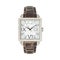 Square luxury wristwatch with roman numerals and calendar and brown leather strap