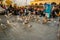 In the square, many people watch as they feed the seagulls. Istanbul, Turkey