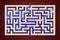 Square maze with blue path to center. On red background