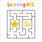 Square maze. Game for kids. Quadrate labyrinth. Education worksheet. Activity page. Learning English alphabet. Cartoon style. Find