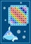 Square multicolored multiplication on blue background with cartoon shark Table poster with geometric figures for