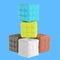 Square multicolored poufs standing in a pyramid on a blue background. 3d rendering