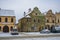 Square in old Telc town in winter dark cold morning