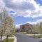 Square Paved road lined with white flowering trees on a scenic neighborhhod