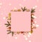 Square pink paper card mockup with frame made of Christmas decorations