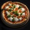 Square pizza with cheese, ham, tomatoes, basil and spices. Dark background. Side view