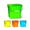 Square Plastic Bucket Vector. Bucketful Different Colors. Classic Jar With Handle, Empty. Garden, Household, Office