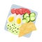 Square plate with boiled egg and slices of cheese. Vector illustration.