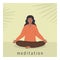 Square poster with young african female meditating and doing yoga breathing exercise. Woman practicing Pranayama. Card