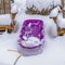 Square Purple sled in the middle of wooden chairs on a frosted ground in winter