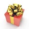 Square red giftbox with lid tied ornamental golded ribbon on white. 3D illustration, clipping path