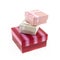 Square red and pink striped giftbox with gray and cream mini polar on an isolated background