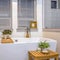 Square Relaxing bathroom interior with spotless white bathtub mirror and two windows